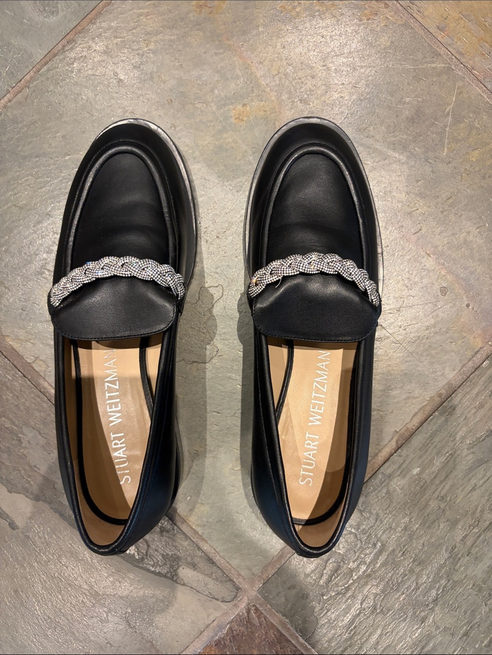 Stuart Weitzman Black Leather Loafers with Braided Crystal Chain - Picture 1 of 2